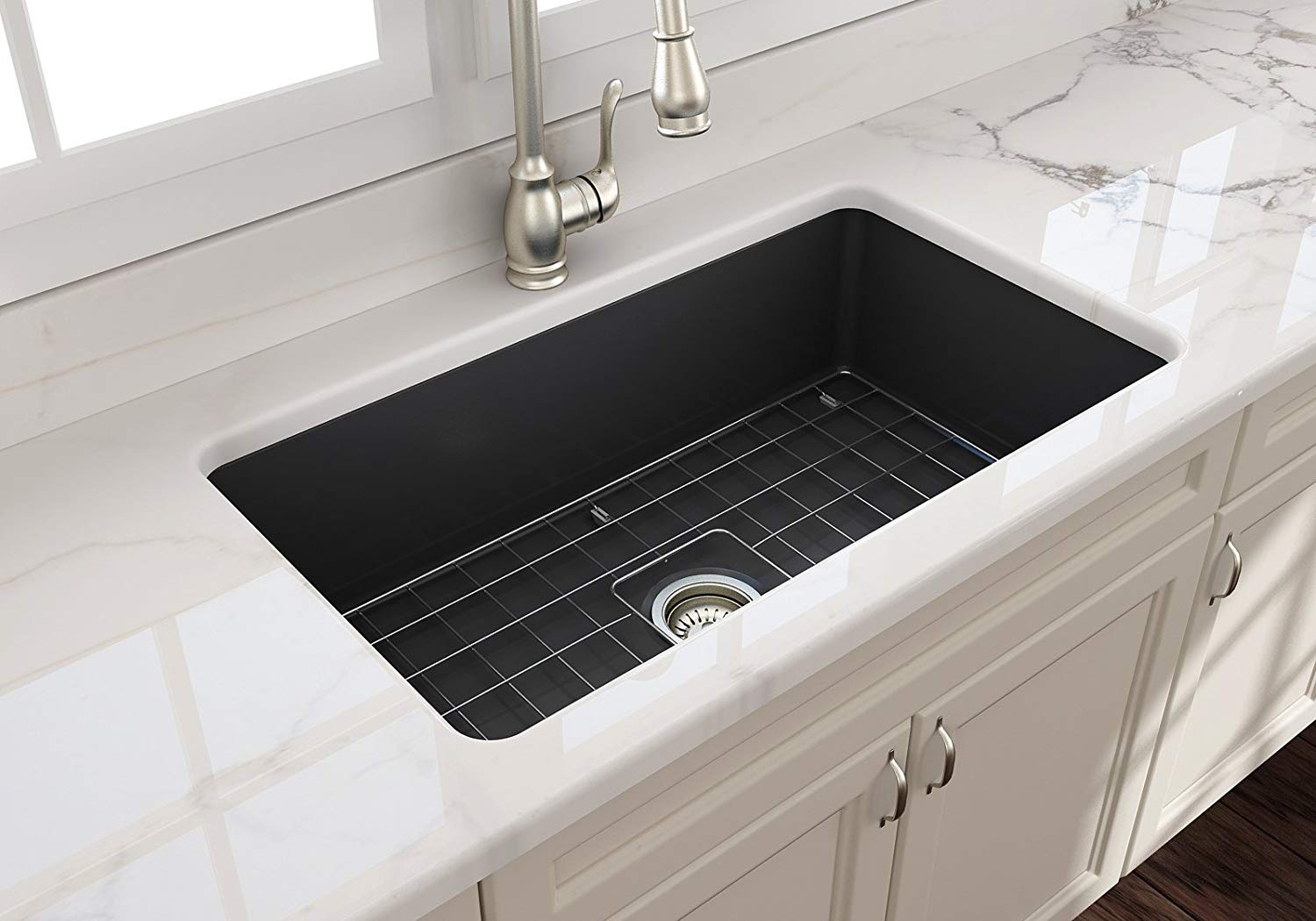 black porcelain double basin kitchen sink